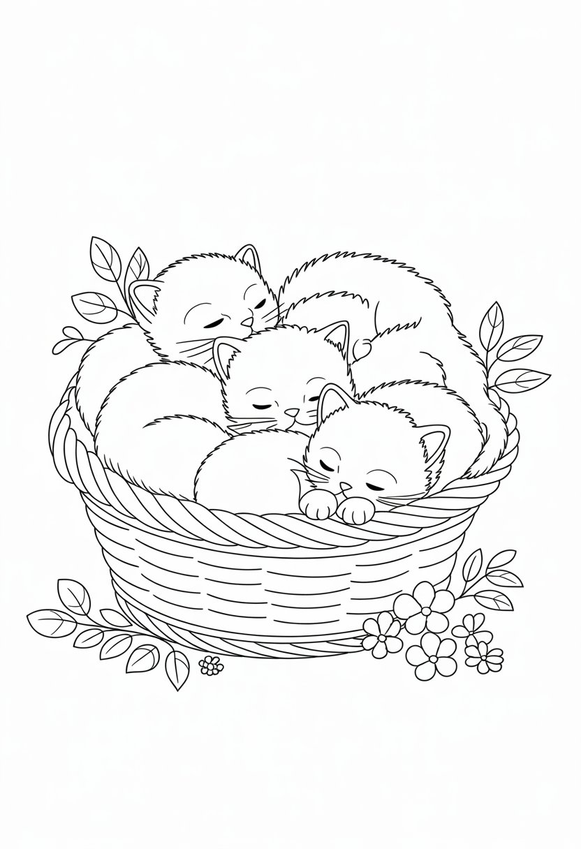 Printable Cute Cat Coloring Pages 20 Best Designs for All Ages 24 Several kittens sleeping together inside a woven basket surrounded by a few leaves and small flowers.